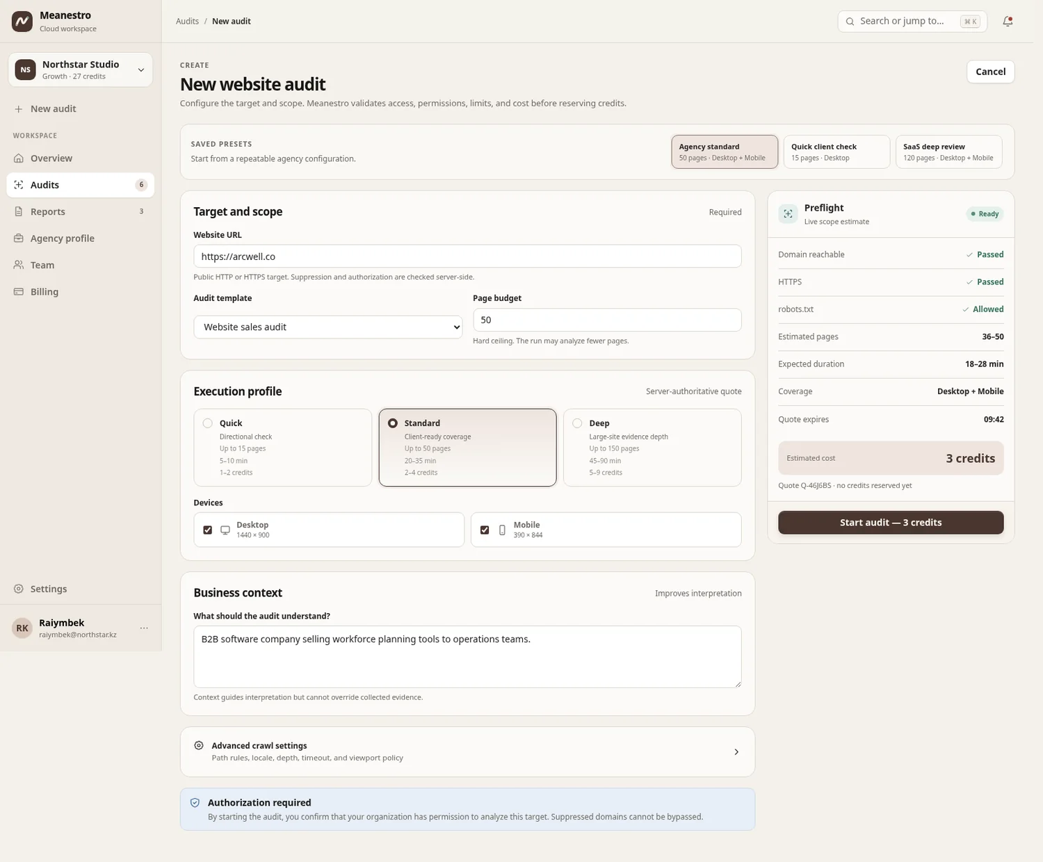 Meanestro new audit configuration screen.